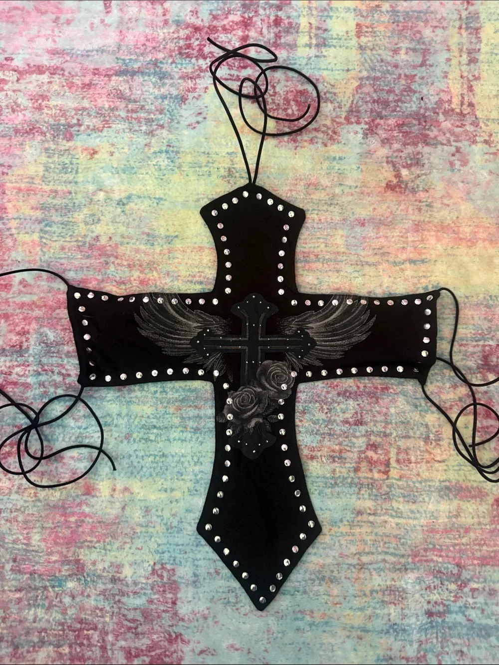 Fashion Nova Black Cross top with Silver Studs and Winged Rose Detail